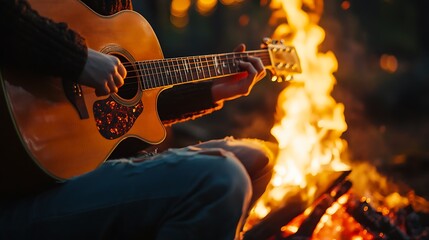 Obraz premium Playing Acoustic Guitar by Campfire Emitting a Warm Glow in the Night