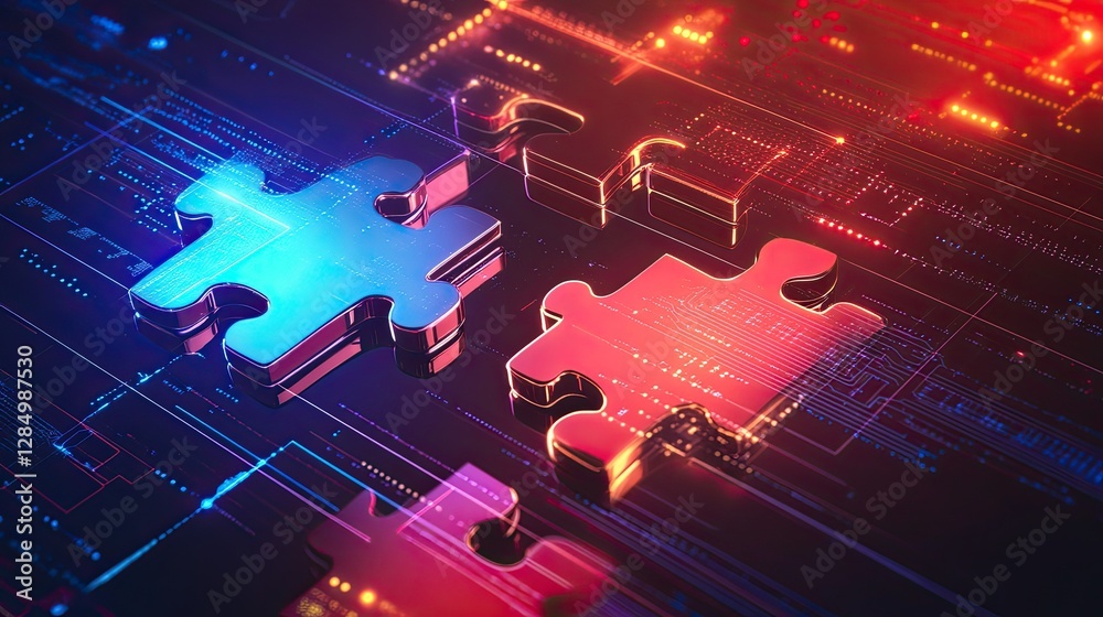 Poster graphic representation of api integration, featuring interlocking puzzle pieces on a high-tech backg