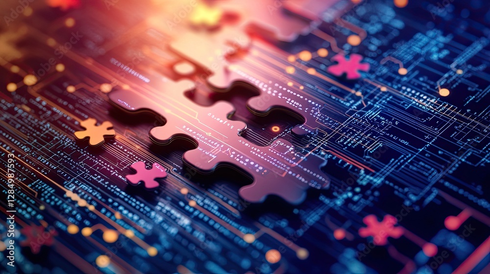 Poster graphic representation of api integration, featuring interlocking puzzle pieces on a high-tech backg