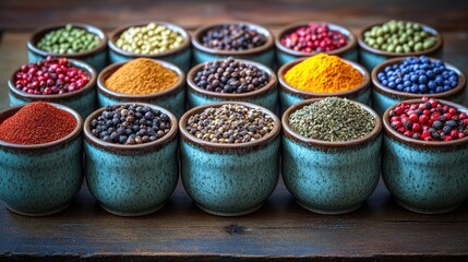 Fototapeta premium Colorful spices arranged on rustic wood