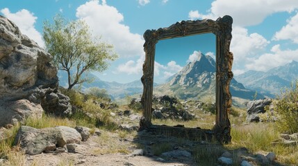 Surreal Landscape with Framed Reflection of Majestic Mountains