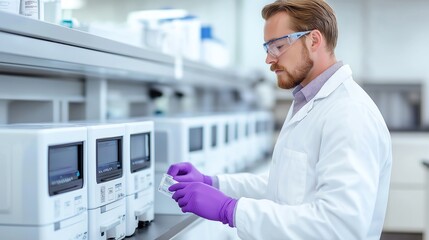 Fototapeta premium A focused scientist in a lab coat operates advanced laboratory equipment, wearing protective gloves and goggles