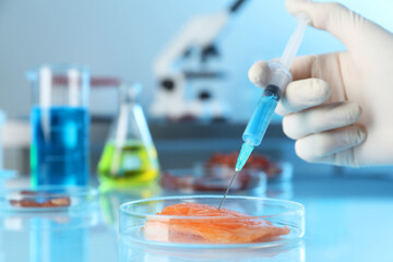 GMO concept. Scientist injecting something into piece of salmon at table in laboratory, closeup. Space for text