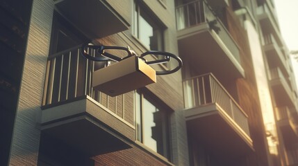 Fototapeta premium Drone Delivery to Modern Apartment Building at Sunset