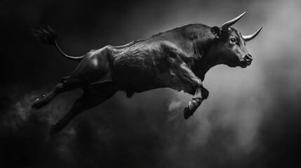 Powerful Bull in Midair Against Dramatic Dark Background