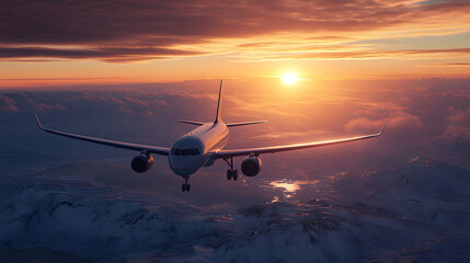 Commercial Plane Flying Over the Arctic at Sunset