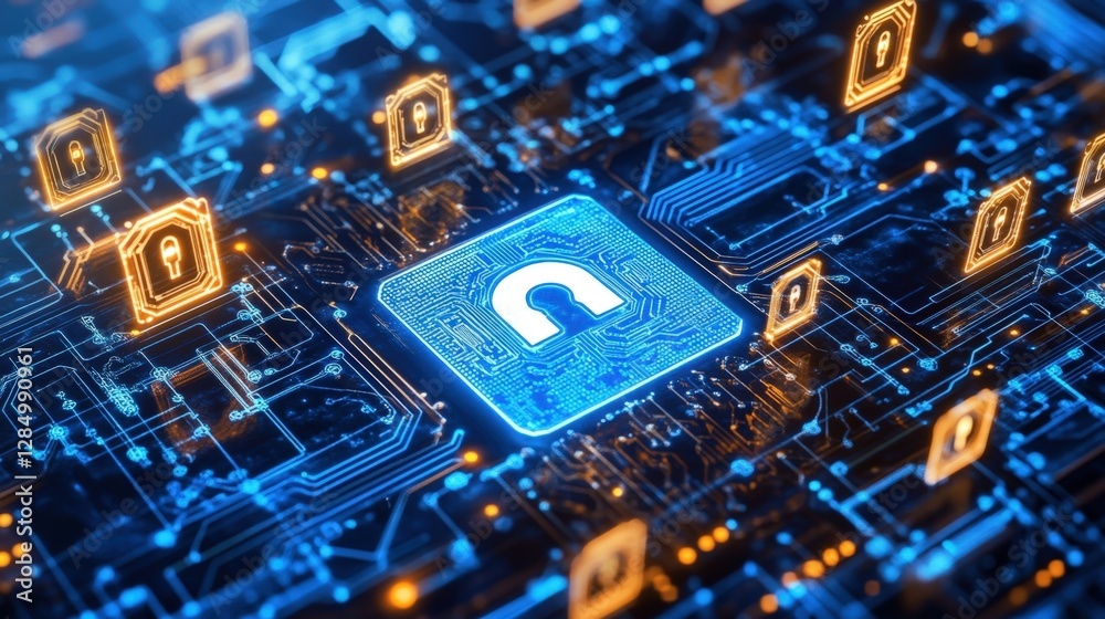 Poster glowing digital padlock securing data on a complex circuit board, symbolizing robust cyber security 