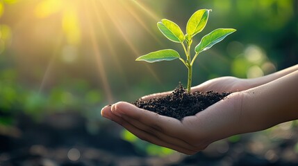 Hand holding a young plant with sunshine, celebrating Earth Day with a symbol of growth, nature, and sustainability in a clean, vibrant design