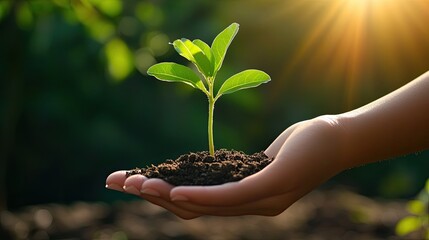 Hand holding a young plant with sunshine, celebrating Earth Day with a symbol of growth, nature, and sustainability in a clean, vibrant design. 