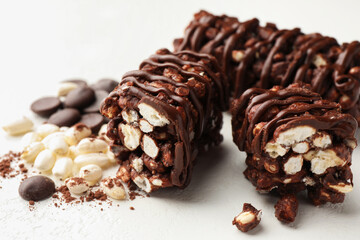 Delicious chocolate puffed rice bars and cacao chips on white table, closeup