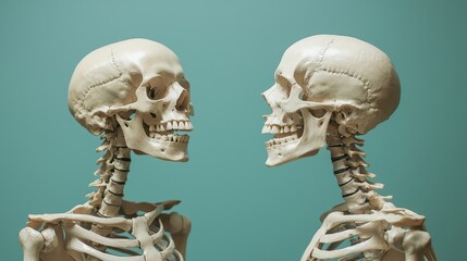 Two Human Skeleton Models Facing Each Other on a Wall Background