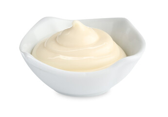 Tasty mayonnaise sauce in bowl isolated on white