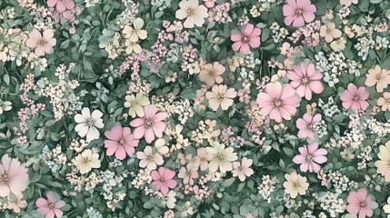 Hand-drawn floral pattern with watercolor effects in soft pinks and greens, perfect for wedding invitations, springtime designs, and botanical-themed 