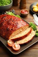 Delicious turkey meatloaf with vegetables on wooden table