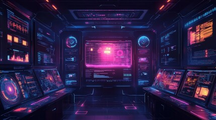 Futuristic cybersecurity center featuring glowing screens with network activity, charts, and data visualizations, highlighting advanced monitoring and threat detection capabilities