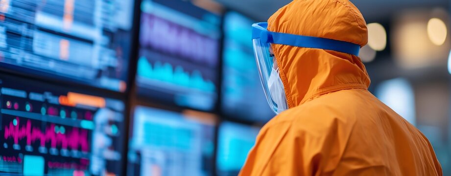 A health professional in protective gear studies data on digital screens, emphasizing the importance of monitoring and analyzing information for public safety and health guidelines