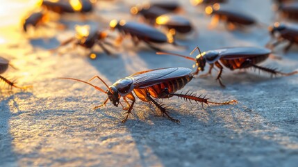 Close-Up of Cockroaches Crawling on Surface at Sunset Glow