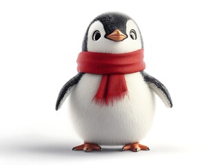 Obraz premium Cute penguin, red scarf, winter, white background, child's book