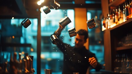 Bartender Juggling Metal Cups with Flair in a Trendy Bar Setting