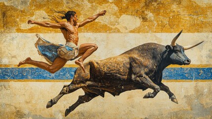 Athletic Man Leaping Over Bull in Ancient Minoan Art Style