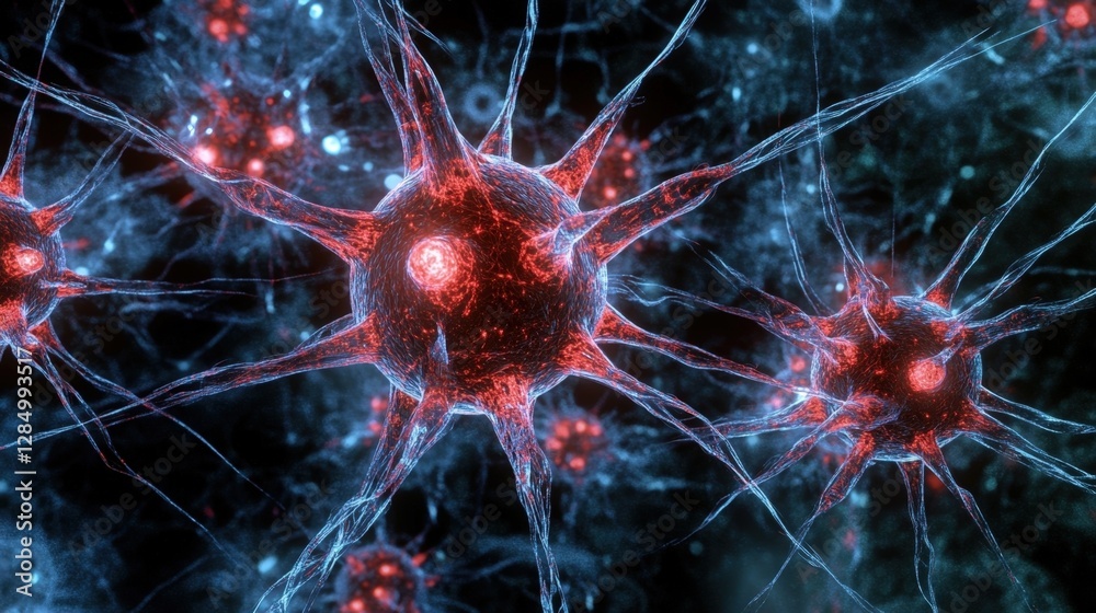 Poster complex network of interconnected neurons firing and transmitting signals, forming a neural network,