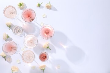 Delicious rose wine in glasses and flowers on white background, flat lay. Space for text