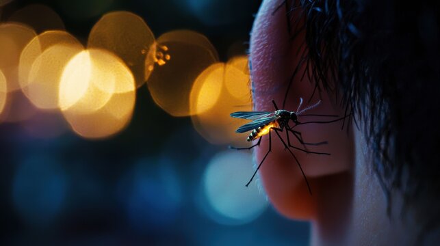 Close-Up of Mosquito on Ear in Bokeh Background at Night