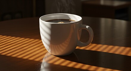 Steaming Coffee In White Mug On Wooden Table With Light Shadow Patterns