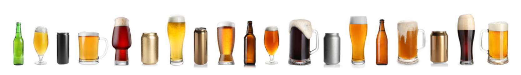 Different types of fresh beer isolated on white, set
