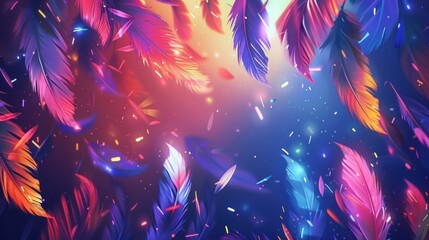 Abstract background with bright colored feathers of birds, screensaver, wallpaper for gadget.