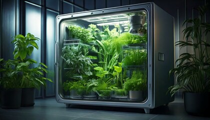 Futuristic Indoor Greenhouse Refrigerator – High-Quality Botanical Growth Concept