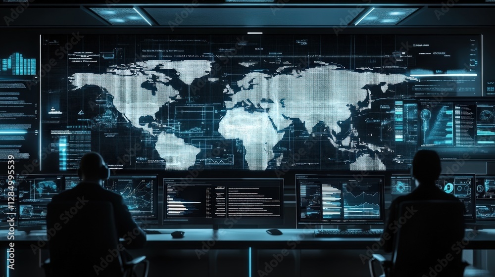 Aufkleber two cybersecurity analysts wearing headsets are working in a dark control room, monitoring global ne
