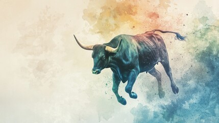 Dynamic Bull Illustration with Colorful Abstract Splash Background