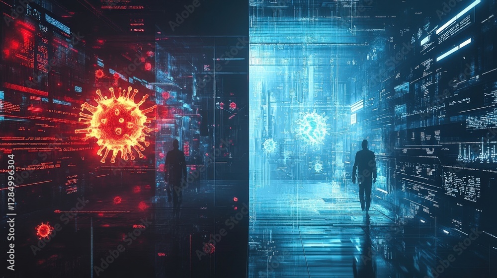 Poster two programmers walking in opposite directions through a digital world filled with virus cells and c