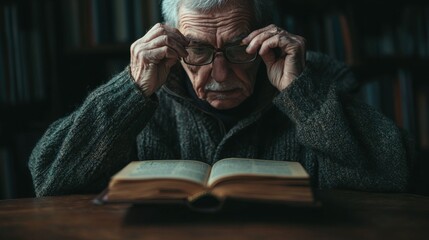 Elderly Man Reading a Book in a Cozy Library Setting