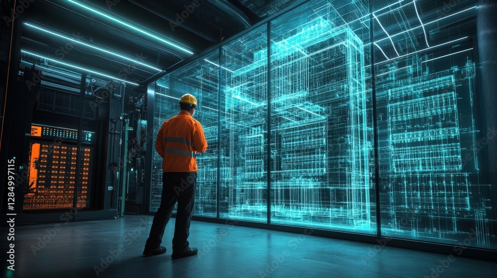 Aufkleber it engineer wearing a safety helmet and high visibility jacket utilizing augmented reality to visual