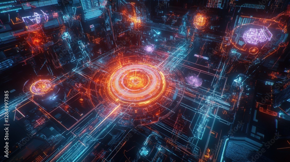 Poster complex network of digital nodes and connections safeguarding sensitive information within a futuris