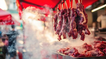 Freshly Prepared Meat Hanging in Market Under Red Canopy