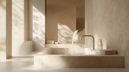 A fresh, minimalist bathroom featuring a modern faucet and running water in a clean, white sink, offering a calm and chic atmosphere.