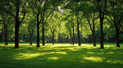 Obraz premium Sunlight filters through lush, green trees in a refreshing spring landscape. Bright flowers emerge, signaling the awakening of nature in a peaceful setting