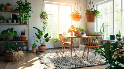 Bright and Airy Indoor Plant Room with Wooden Furniture and Natural Light Streaming In