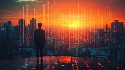 Business professional gazing over a modern city and futuristic data streams