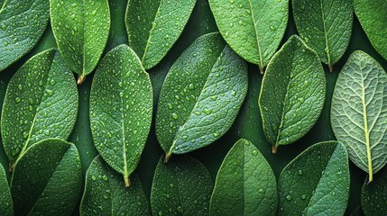 Fototapeta premium Dewy green leaves arranged on dark background