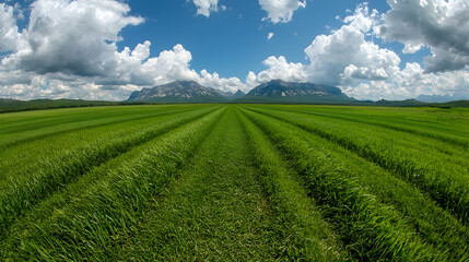 Lush green rice paddy field, mountain backdrop, sunny day, agriculture