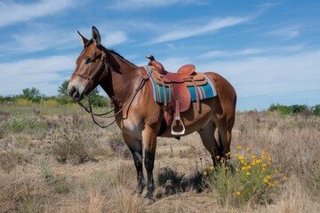 Obraz premium Chestnut Equine with Saddle, Western Aesthetic, Rural Scene under Sunny Blue Sky, Eye-Level Shot