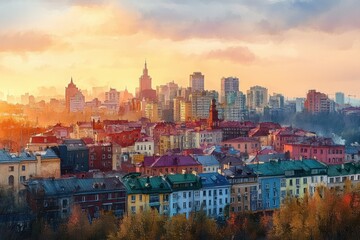 Obraz premium Panoramic View of Kyiv's Historic and Modern Architecture During Autumn Golden Hour