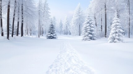 Obraz premium Snowy forest path, winter wonderland, tranquil scene, inspiring background