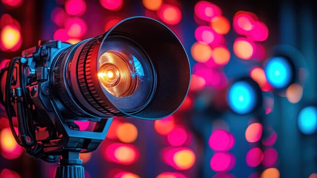 Filming event; camera lens; colorful lights; backstage