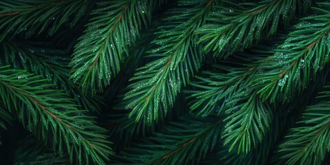 Close-up Vibrant Green Pine Needles and Dark Christmas Tree Branches Macro Photography Winter Holiday Background