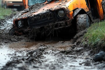 Fototapeta premium Damaged Bus Wreckage After Collision in Mud